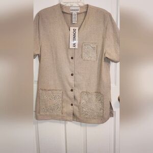NWT Donnkenny L Beige LINEN Blend Embroidered Shrtslv Buttons Women Top Cardigan